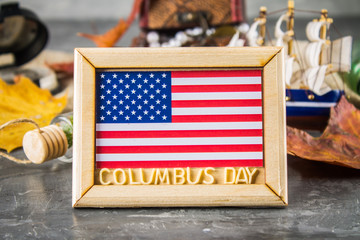 Happy Columbus Day text. Concept of the US holiday. The discoverer of America. Holiday States.