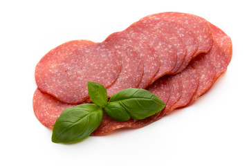 Salami slices isolated on white background.