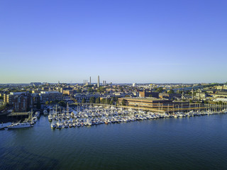Pier of Boston Massachusetts USA, Wharf with sailboat and yachts in Charles Rive, skyline skyscrapers