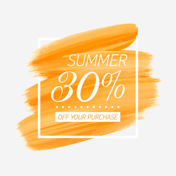 Sale summer 30% off sign over art brush acrylic stroke paint abstract texture background poster vector illustration. Perfect watercolor design for a shop and sale banners.