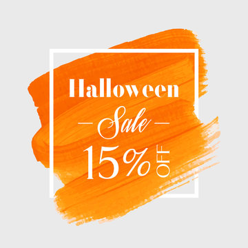 Halloween Sale 15% off sign over watercolor art brush stroke paint abstract background vector illustration. Perfect acrylic design for a shop and sale banners.