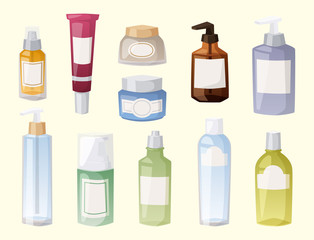 Bottles of cosmetic cosmetology lotion makeup beauty plastic liquid cream container fluid pack vector illustration.