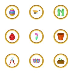 Garden icons set, cartoon style