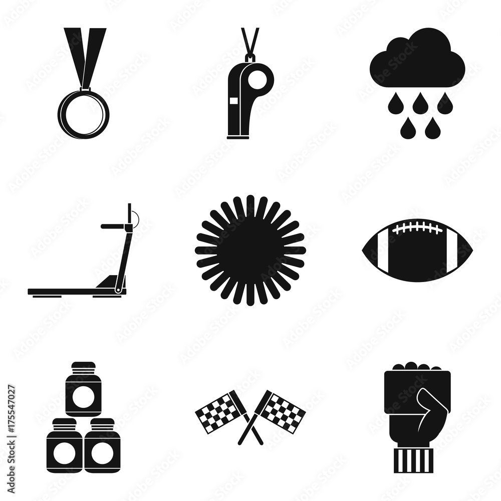 Poster playing on the field icons set, simple style
