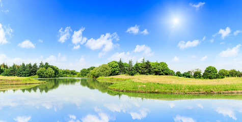 green forest and lake water under the blue sky