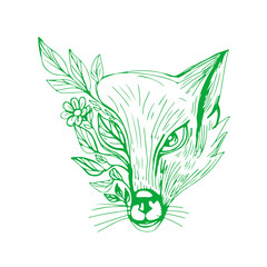 Fox Head With Flower and Leaves Drawing