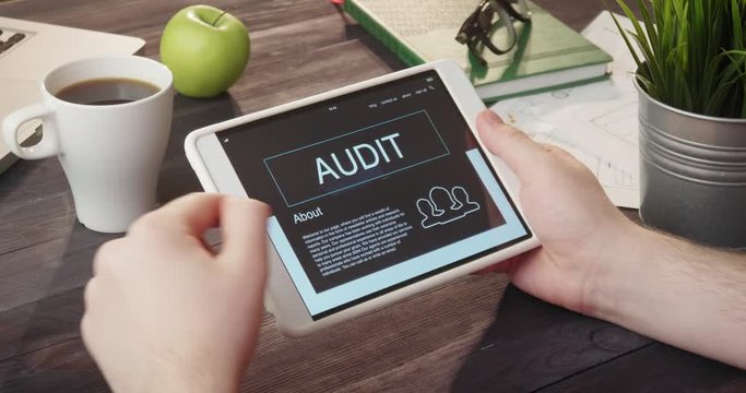 Looking at audit app using portable computer at desk