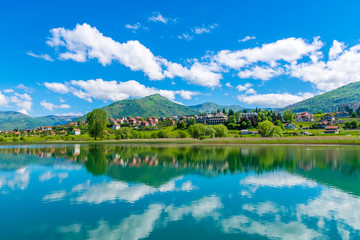 A large mountain lake in a picturesque valley.