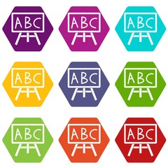 Chalkboard with the leters ABC icon set color hexahedron