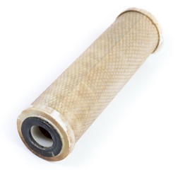 Dirty water filter cartridges on white background