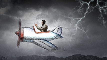 man flying in retro plane. Mixed media
