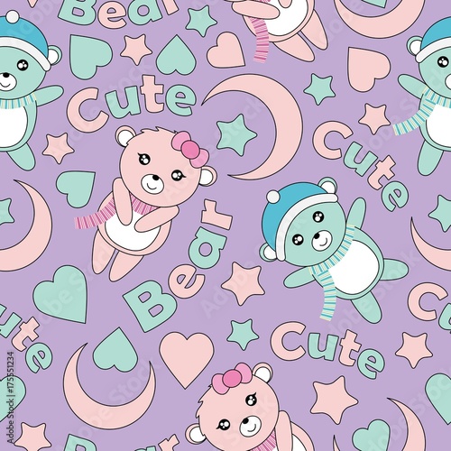 seamless pattern with cute baby bears moon and stars on purple cute kid backgrounds