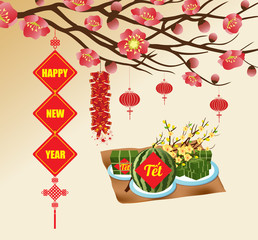 Chinese new year background blooming sakura branches, Vietnamese new year. (Translation "Tết" : Lunar new year)