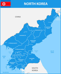 The detailed map of the North Korea with regions or states and cities, capital. Included part of China, Russia, South Korea