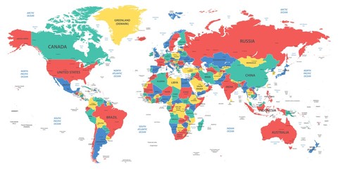Obraz premium Szczegółowa mapa świata z granicami, krajami i miastami