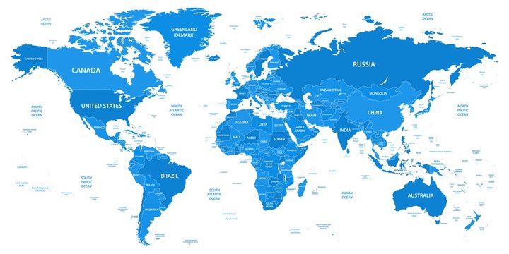 Detailed world map with borders, countries