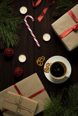 Christmas background / Creative concept christmas background with presents pine and decorations.