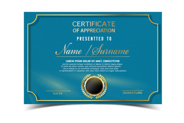 creative certificate  template for completion award   with golden shapes and badge.Clean and modern for diploma, official or different awards.Vector illustration