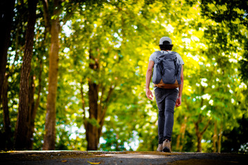 Fototapeta premium Man traveler traveling walking with backpack at the jungle on holiday at weekend on background nature view