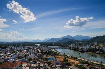 Fototapeta na wymiar view of Nha Trang city, mountains, Kai river from the hill, Vietnam, landscape