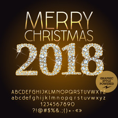 Vector Brilliant Happy New Year 2018 Greeting Card with set of letters, symbols and numbers. Golden Font contains Graphic Style