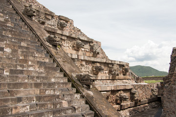 Sculpture details of the temple of the feathered serpent Quetzalcoatl, Teotihuacan archaeological...