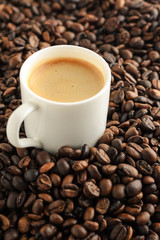 espresso cofee cup on coffee beans background