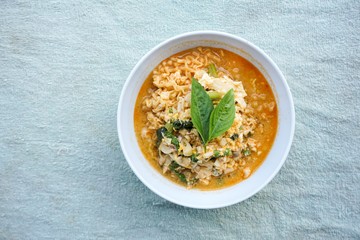 hot spicy noodle on blue fabric