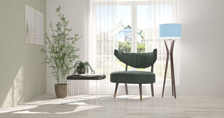 Inspiration of white minimalist room with armchair. Scandinavian interior design. 3D illustration