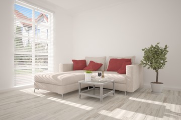 Idea of white minimalist room with sofa. Scandinavian interior design. 3D illustration