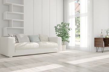 Idea of white minimalist room with sofa. Scandinavian interior design. 3D illustration