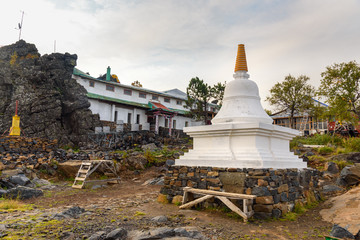 Stupa in Shad Tchup Ling Buddhist monastery on mountain Kachkanar. Russia
