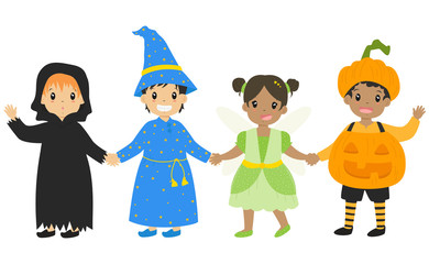 happy boys and girls wearing Halloween costumes and holding hands, cartoon vector for Halloween.