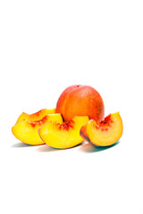 fresh whole peaches with cut, isolated on white background