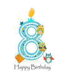 Fototapeta premium Happy eighth birthday with owls baby boy greeting card