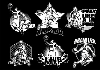 basketball badge collection in black and white