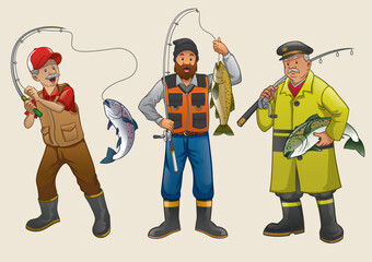 fisherman people cartoon set