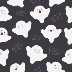 Seamless Halloween Pattern with Cute Ghosts on Dark Background.