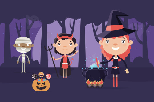 Halloween Background with Children in Forest. 