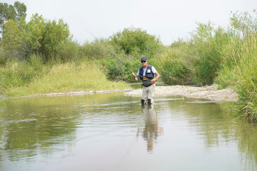 Fly fisherman fishing in river of Montana state