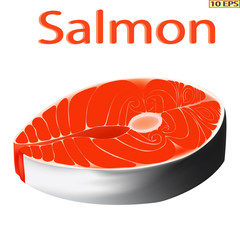 Salmon. Fish. Steak salted salmon on a plate. Fillet, steak fish in realistic style. Sea food product design. Vector illustration isolated on white background.