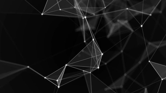 Black white plexus with dots, lines, triangles. Background information for social networks, the Internet, science, computer networks, technologies. Loop animation