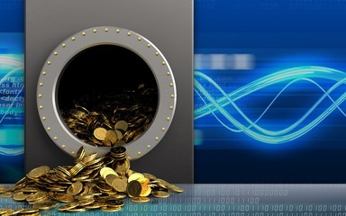 3d golden coins over digital waves