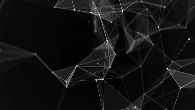 Black white plexus with dots, lines, triangles. Background information for social networks, the Internet, science, computer networks, technologies. Loop animation
