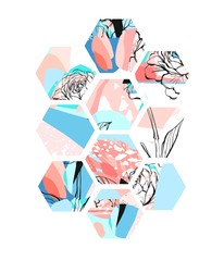 Hand drawn vector artistic universal textured abstract composition with hexagon shapes,hand made textures and flowers motif in pastel colors isolated on white background