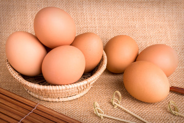 Set Eggs in a basket on  gunny (sackcloth)  background