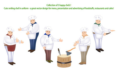 Set of happy chef in uniform. Cute chef smiling. Great vector design for menu, presentation and advertising restaurants and cafes.