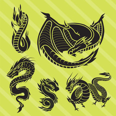 Chinese dragon silhouettes tattoo mythology tail monster magic icon asian animal art vector illustration.