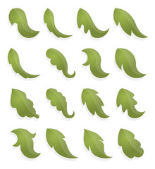 Set of stylized decorative green leaves, icons with shadows and glares. Vector illustration Eps 10.