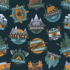 Camping outdoor tourist travel logo scout badges template emblems vector illustration seamless pattern background